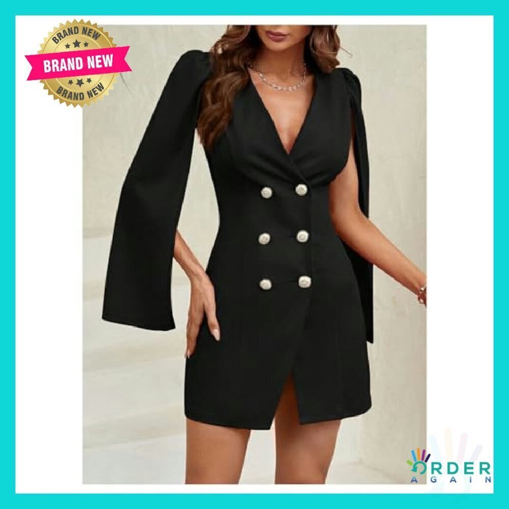 Elegant Cape Blazer Dress V Neck Double Breasted Split Sleeve Chic Formal - Picture 4 of 7